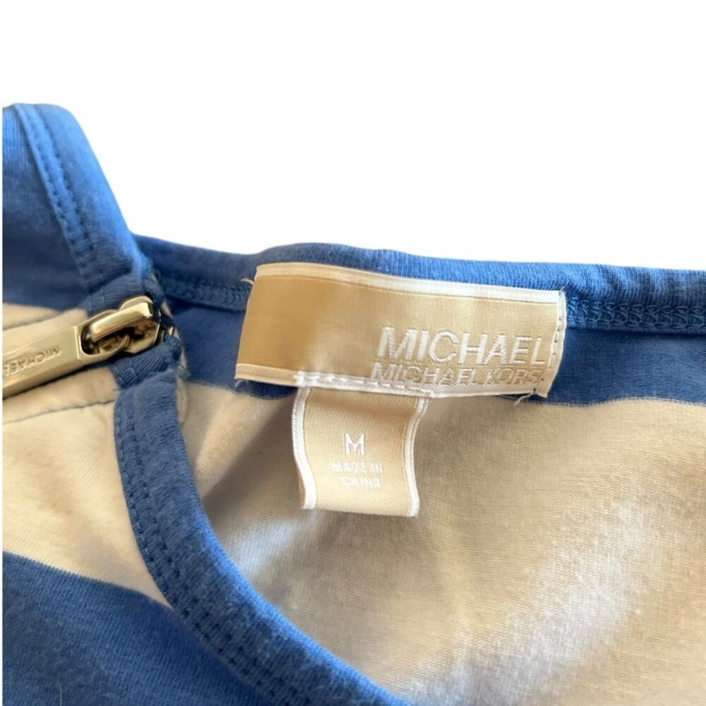 Michael Kors T-Shirt Womens Medium Striped Zip Shoulder Ruched Sides Blue White - Picture 7 of 11
